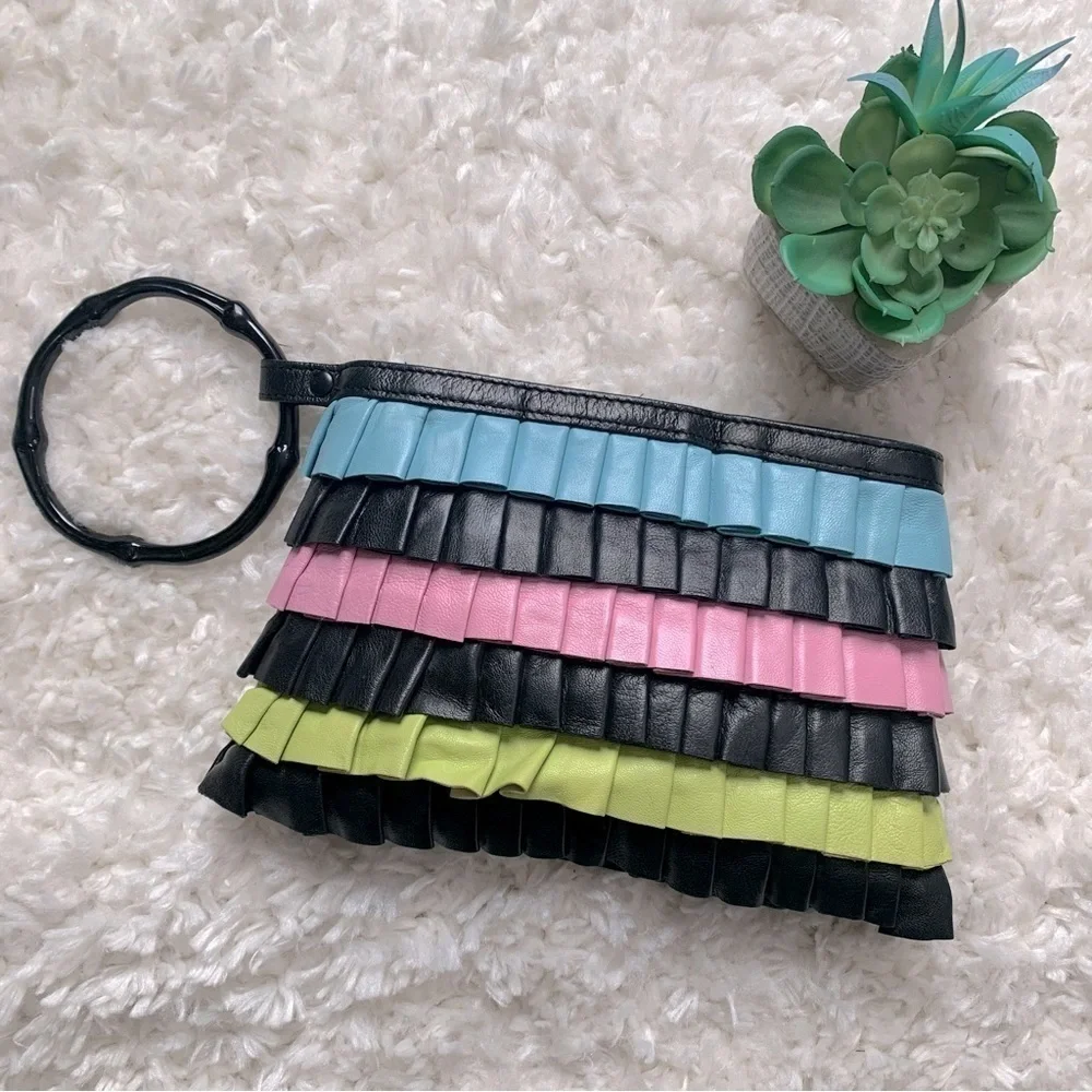 inge multi-color layered ruffles leather clutch wristlet bag